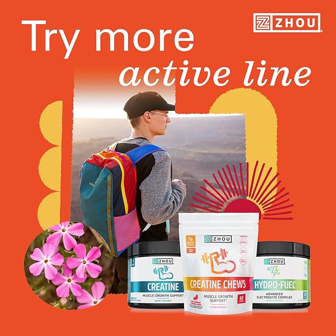 ZHOU Nutrition Creatine Monohydrate Chewables 5g for Men & Women, Sugar Free, Organic, Non GMO, Pink Lemonade, 60 Creatine Gummies