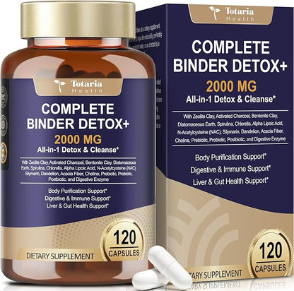 Totaria 2000MG All-in-1 Detox Binder, Activated Charcoal, Zeolite, Bentonite Clay, Alpha Lipoic Acid, 7-Layer Detox & Cleanse Supplement, Liver & Gut Support, 120 Counts