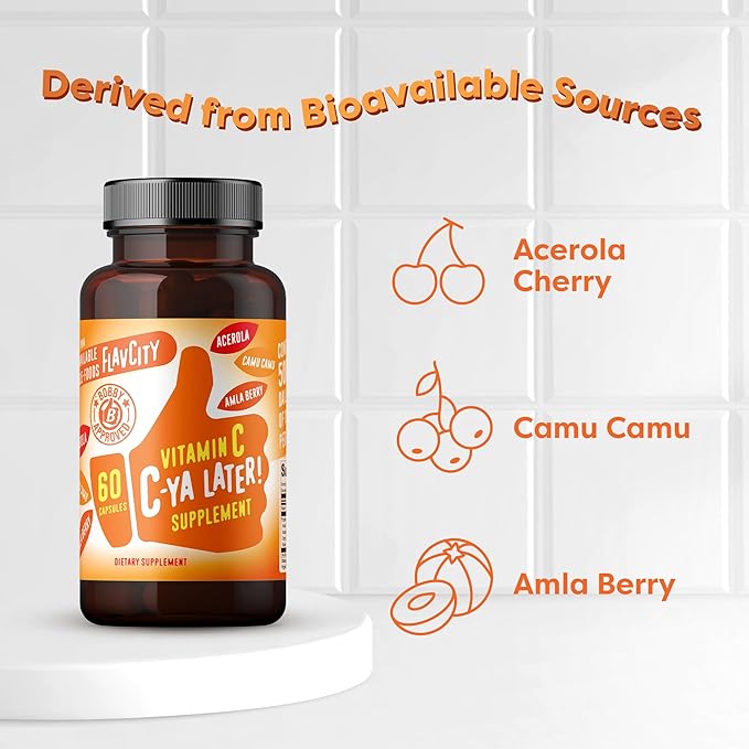 FlavCity Vitamin C Supplement, C-Ya Later! Superfood-Derived Immunity Support - Bioavailable Vitamin C Immune Support from Acerola Cherry, Rose Hips & Camu Camu - 500% Daily Value (60 Capsules)