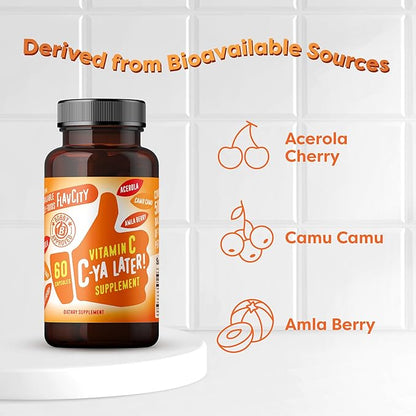 FlavCity Vitamin C Supplement, C-Ya Later! Superfood-Derived Immunity Support - Bioavailable Vitamin C Immune Support from Acerola Cherry, Rose Hips & Camu Camu - 500% Daily Value (60 Capsules)