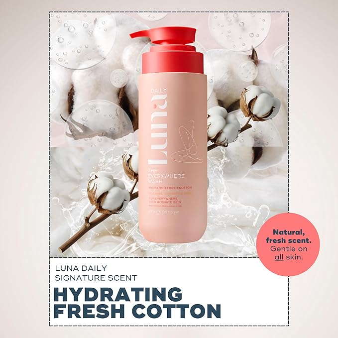 Luna Daily Hydrating Everywhere Wash | Gentle Feminine Body Wash for Sensitive Skin | Ph Balance Daily Cleanser with Coconut & Lactic Acid Prebiotics | Fresh Cotton Scent | 13.5 oz (400ml)