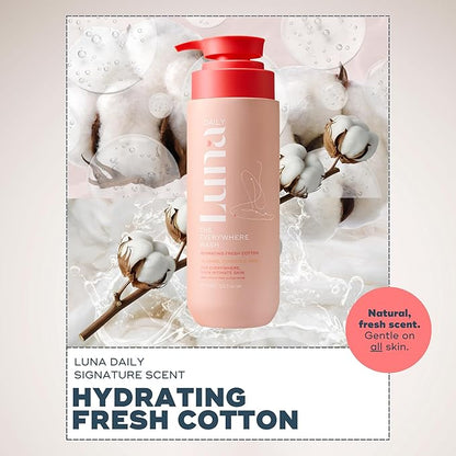 Luna Daily Hydrating Everywhere Wash | Gentle Feminine Body Wash for Sensitive Skin | Ph Balance Daily Cleanser with Coconut & Lactic Acid Prebiotics | Fresh Cotton Scent | 13.5 oz (400ml)