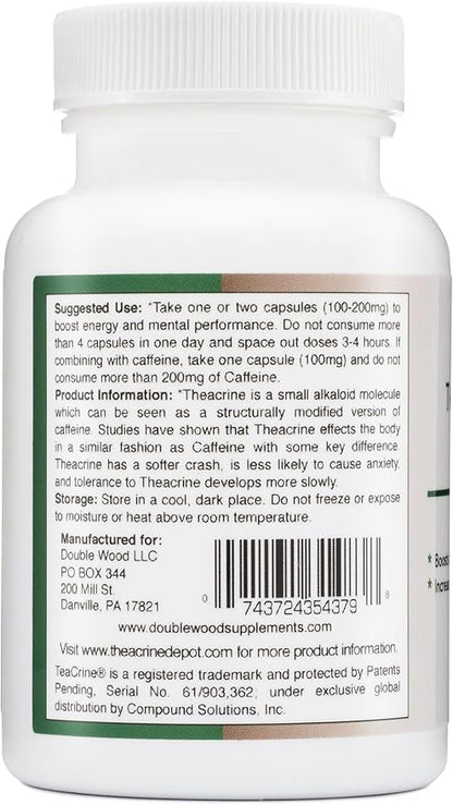 Theacrine (Teacrine) 100 Mg, 60 Capsules - Energy and Focus Supplement (Similar to Caffeine Pills but More Subtle and Longer Lasting) Non-GMO and Gluten Free by Double Wood