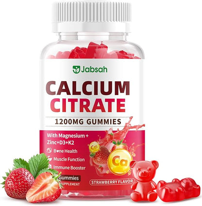 Calcium Citrate Gummies 1200mg, High Absorption Calcium Supplements with Vitamin D3, K2, Magnesium, Zinc for Bone, Muscle & Immune Support, Calcium Gummies for Women & Men, Strawberry Flavor 60 Count