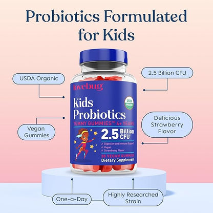 LOVEBUG Kids Probiotic Gummies – Organic Chewable Probiotics for Kids Aged 4+, Soil-Based Children’s Probiotic for Gut Health, Constipation, Digestive & Immune Support, Vegan, 30 Chews, Strawberry
