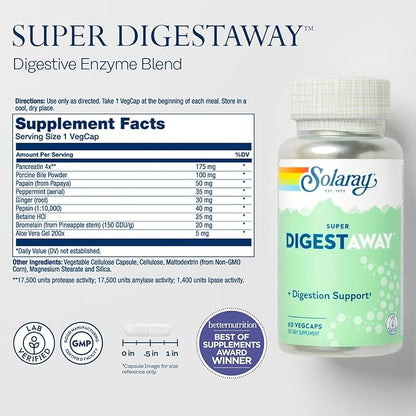 SOLARAY Super Digestaway Digestive Enzymes - Pancreatin, Papain, Ginger, Pepsin, Betaine HCl, Aloe Vera, and More - Digestion & Nutrient Absorption Support - Lab Verified - 60 VegCaps