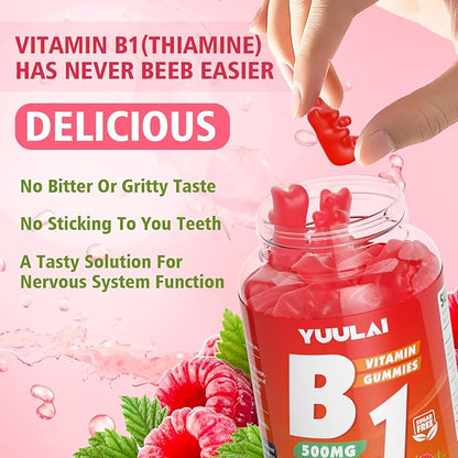 Vitamin B1 Gummies 500mg for Adults & Kids, Thiamine B1 Supplement with Magnesium, Vitamin B1 Supplement for Nervous System Supports & Boost Energy, Raspberry Flavor, 60 Count