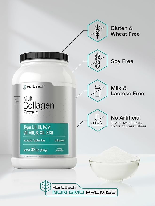Horbaach Multi Collagen Protein Powder 32 oz | Types I, II, III, IV, V, VII, VIII, X, XII, and XXII | Grassfed Collagen Peptides | Keto & Paleo Friendly | Unflavored & Gluten Free