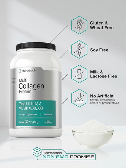 Horbaach Multi Collagen Protein Powder 32 oz | Types I, II, III, IV, V, VII, VIII, X, XII, and XXII | Grassfed Collagen Peptides | Keto & Paleo Friendly | Unflavored & Gluten Free