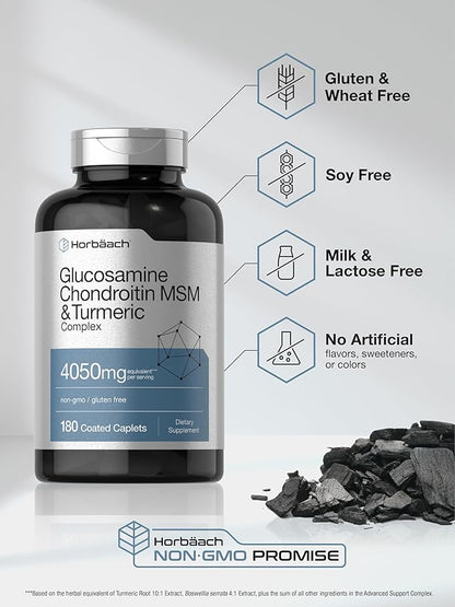 Horbäach Glucosamine Chondroitin MSM | 180 Caplets | with Turmeric | Triple Strength Formula | Non-GMO & Gluten Free Supplement
