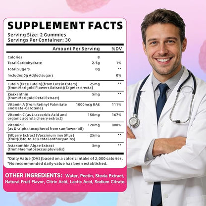Lutein and Zeaxanthin Supplements, Lutein Gummies with Zeaxanthin,Vitamins A, C, E, Bilberry, Astaxanthin for Vision Health & Eye Strain, Sugar-Free/Vegan, Raspberry Flavor 60 Count