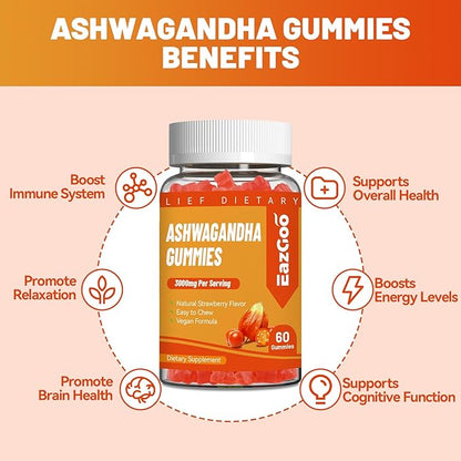 2 Pack Ashwagandha Gummies & Vitamin D3, 3000mg Extra Strength Ashwagandha Root Extract for Boosts Energy, Immune Support, Non-GMO, Strawberry Flavor, 120 Count