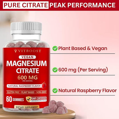 Vitboost Magnesium Citrate Gummies 600mg - 60 Count Vegan Magnesium Gummies for Relaxation & Muscle Support - Natural Raspberry Flavor - Non-GMO, Gluten Free, Plant Based