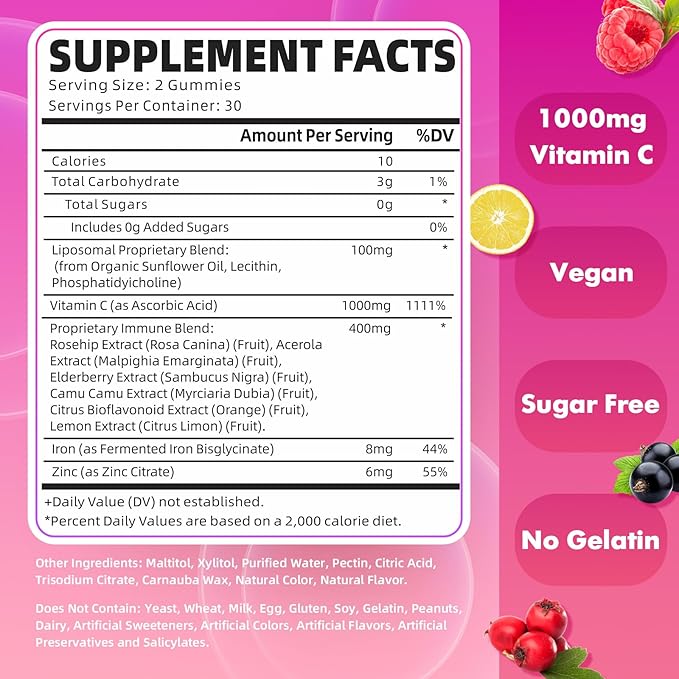 2 Pack Liposomal Vitamin C 1000mg Gummies for Adults Kids, 1500mg Chewable Vitamin C w/Iron, Zinc & Elderberry - Immune Support & Energy, Collagen Booster, Raspberry, 120 Count