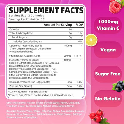 2 Pack Liposomal Vitamin C 1000mg Gummies for Adults Kids, 1500mg Chewable Vitamin C w/Iron, Zinc & Elderberry - Immune Support & Energy, Collagen Booster, Raspberry, 120 Count