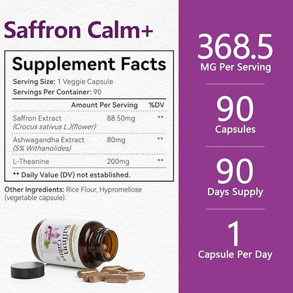 Saffron Supplements with Ashwagandha & L-Theanine - 368.5MG - Mood Balance, Stress Relief & Mental Clarity – Cortisol Support for Women & Men, Made in USA, 90 Vegan Capsules
