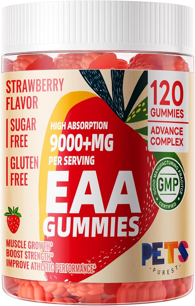 Pets Purest EAA Gummies 120 Gummies (Strawberry), Essential Amino Acids - All 9 Essential Aminos (EAA) and All Branched-Chain Aminos (BCAAs), Non-GMO, Gluten Free, Vegetarian Friendly