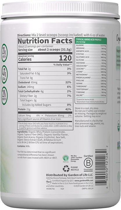 Garden of Life Grass Fed Whey Protein Powder Vanilla - 21g Protein for Women & Men + Probiotics - 12 Servings - Gluten Free, Non GMO, Kosher, Humane, RBST & rBGH Hormone Free