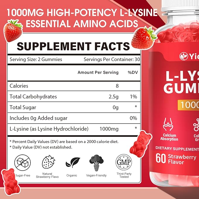 L-Lysine 1000mg Gummies for Immune Support & Skin Health -Chewable Lysine Supplement for Adults, Sugar-Free, Natural Strawberry Flavor, Gluten-Free (60 Count（Pack of 1）)