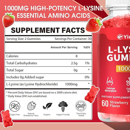 L-Lysine 1000mg Gummies for Immune Support & Skin Health -Chewable Lysine Supplement for Adults, Sugar-Free, Natural Strawberry Flavor, Gluten-Free (60 Count（Pack of 1）)