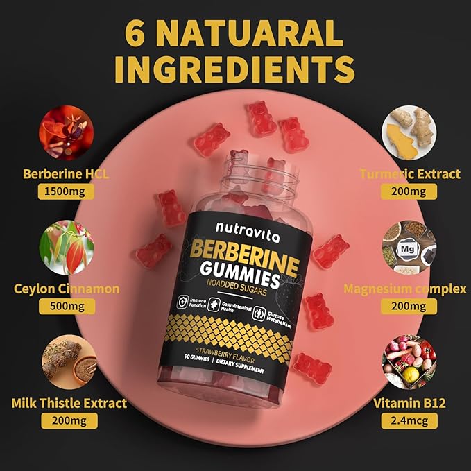Nutravita Berberine Gummies with Ceylon Cinnamon 1500mg High Potency Berberine HCL Supplement for Immune and Metabolism Support, Sugar Free Organic Berberine Gummies Strawberry Flavor-2PACK