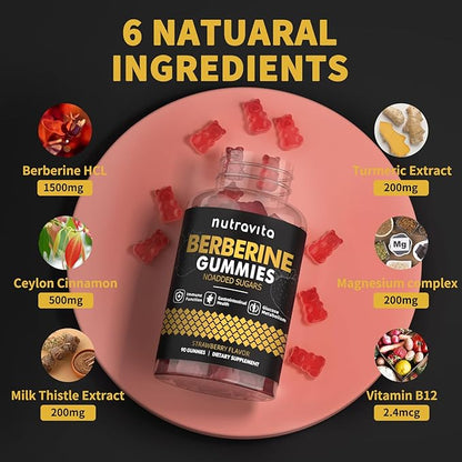 Nutravita Berberine Gummies with Ceylon Cinnamon 1500mg High Potency Berberine HCL Supplement for Immune and Metabolism Support, Sugar Free Organic Berberine Gummies Strawberry Flavor-1PACK
