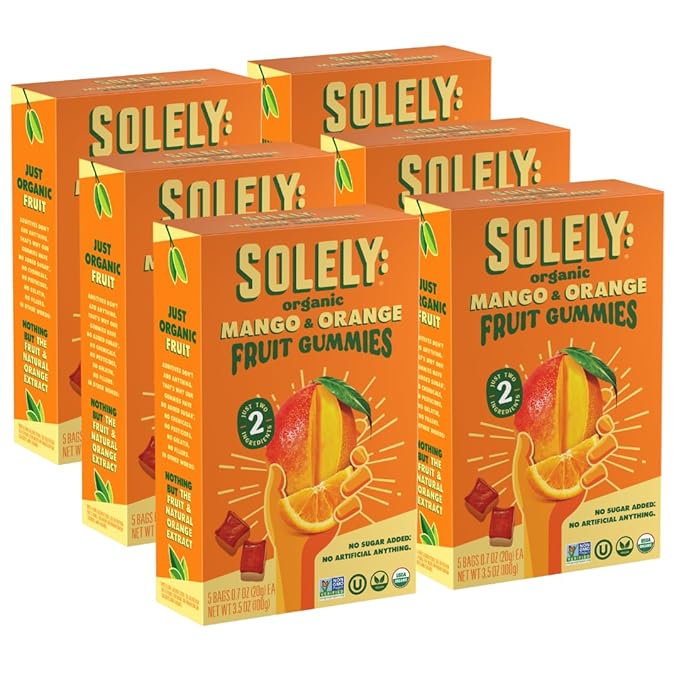 SOLELY - Organic Mango & Orange Whole Fruit Gummies (Pack of 6 Boxes, 5 Bags per Box) - Real Fresh Fruit - Healthy Snacks for Adults & Kids - Non GMO, Vegan Snacks, Shelf Stable - 30 Bags (3.5 oz)