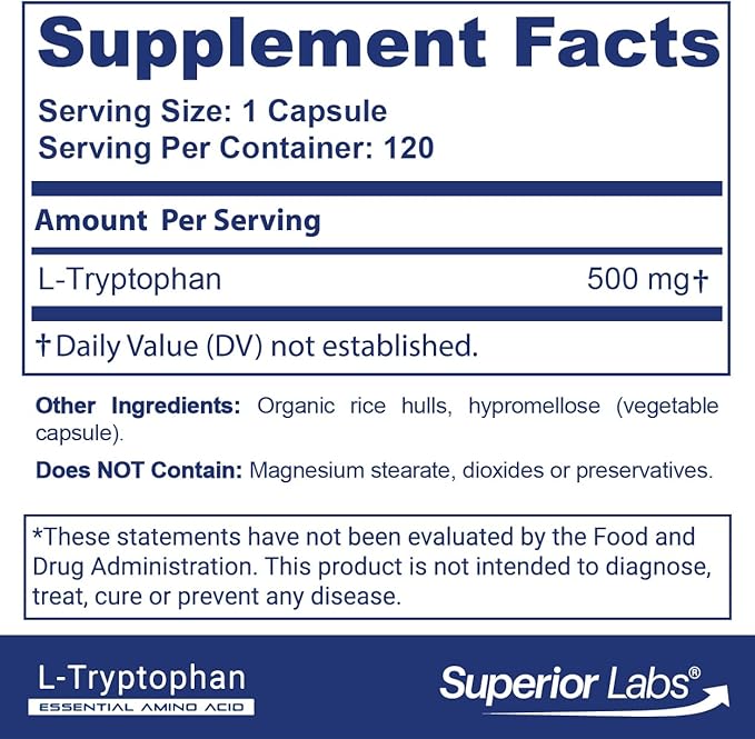 Superior Labs L-Tryptophan 500 mg Capsules, Pure Non-GMO Amino Acid, High Absorption, Supports Sleep and Mood, Helps with Occasional Stress, PMS Support, 120 Veg Caps