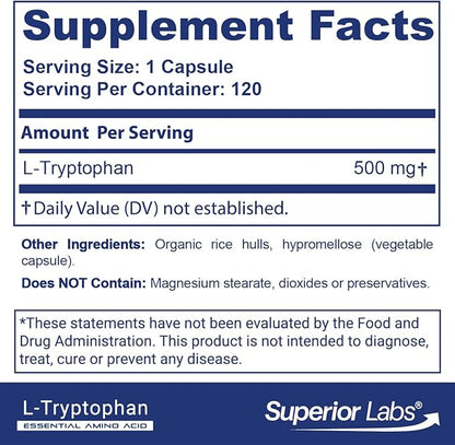 Superior Labs L-Tryptophan 500 mg Capsules, Pure Non-GMO Amino Acid, High Absorption, Supports Sleep and Mood, Helps with Occasional Stress, PMS Support, 120 Veg Caps