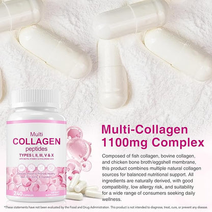 Multi Collagen Peptides Capsules, 240Pcs, Type I,II，V, X for Healthy Skin, Bone, Joint, Hair, Nail|Hydrolyzed Collagen Peptides, Easy Digestion, Unflavored for Women & Men