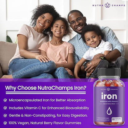 NutraChamps Iron Gummies with Vitamin C, 20mg Iron Blood Cell Formation Support, 120 Gummies for Iron Deficiency & Anemia, Energy, Focus, Immune Boost Pack of 2
