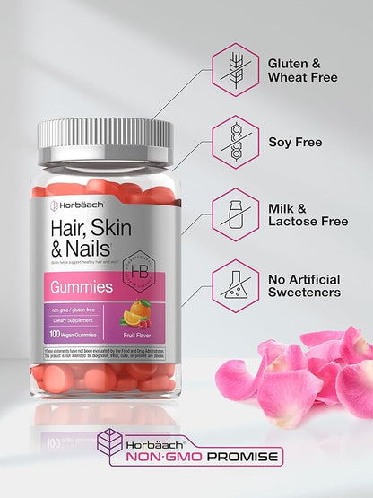 Horbäach Hair Skin and Nails Gummies | 100 Count | Supplement with Biotin for Men and Women | Fruit Flavored Vitamins | Vegan, Non-GMO, and Gluten Free