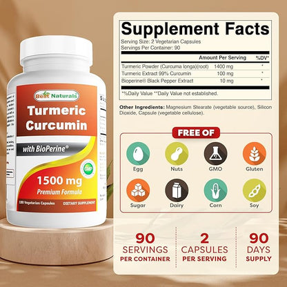 Best Naturals Turmeric Curcumin 1500mg/Serving with Bioperine - 180 Veggie Capsules