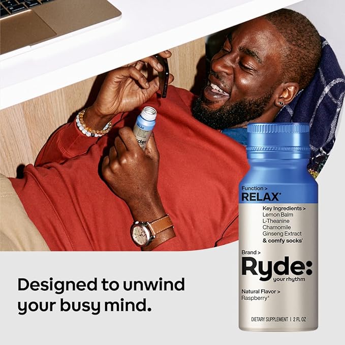 Ryde: Relax Shot | Raspberry Flavor | Lemon Balm, L-Theanine, Ginseng & Chamomile | 0 Calories, 0 Sugar | 2 FL OZ Shots | Helps You Relax* (8 Pack)