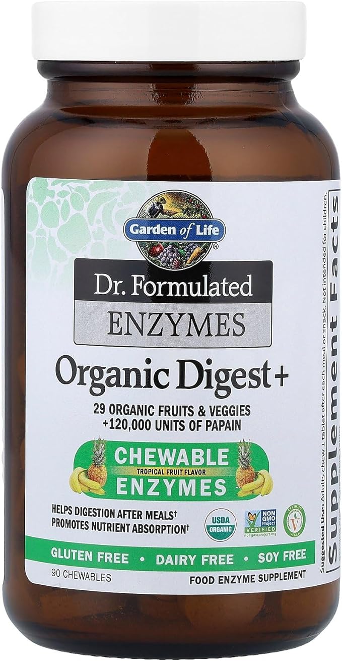 Garden of Life Digestive Enzymes with Papain, Bromelain and Lipase for Nutrient Absorption and Digestion Support, Tropical Fruit Flavor, Dietary Supplement, Certified Vegan, 90 Chewables