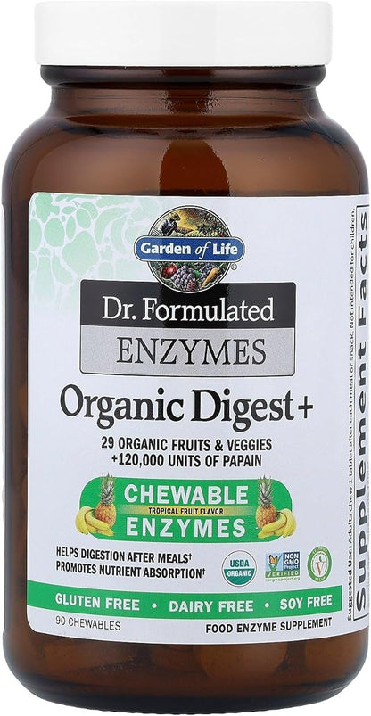 Garden of Life Digestive Enzymes with Papain, Bromelain and Lipase for Nutrient Absorption and Digestion Support, Tropical Fruit Flavor, Dietary Supplement, Certified Vegan, 90 Chewables