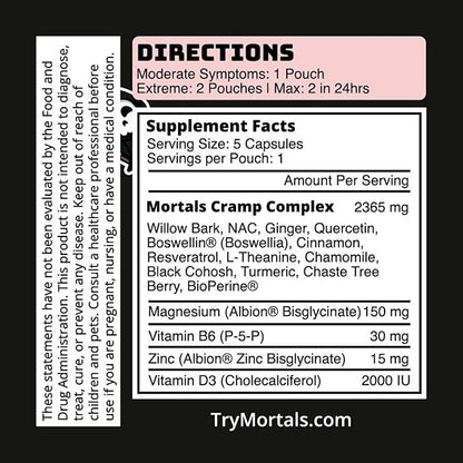 Mortals Cramp Crusher, Supports Bloating Relief for Women, Chasteberry, Magnesium Bisglycinate, Vitamin B6, Black Cohosh, Women's Hormone Balance Supplement, PMS Relief, (50 Capsules)