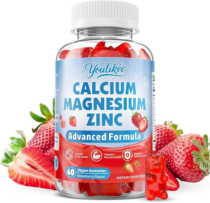 Calcium Magnesium Zinc Gummies for Adult, Calcium Citrate with Vitamin D3, High Absorption Calcium Magnesium Supplement for Women & Men, Sugar-Free, Strawberry Flavor, 60 Count