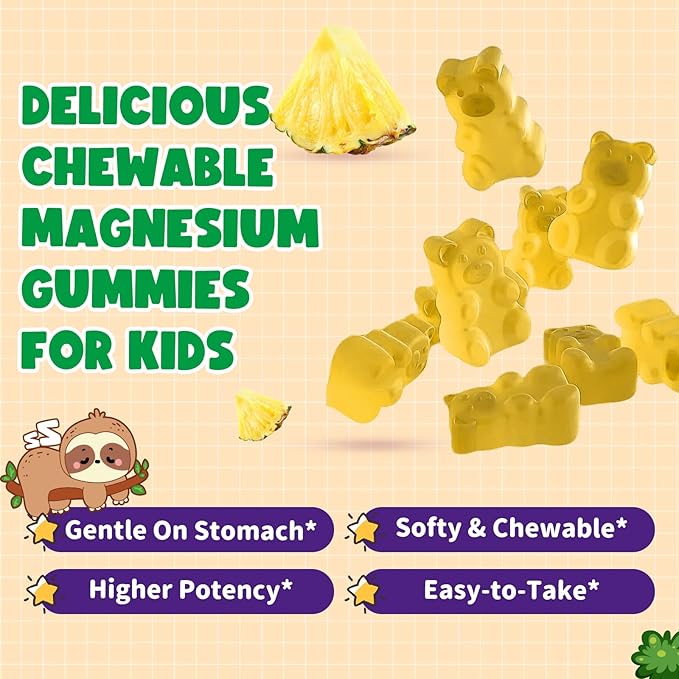 2 Pack Magnesium Glycinate Gummies for Kids - Magnesium Gummies with Vitamin D3, B6, Potassium & Ashwagandha for Kids & Adults Relaxation, Sleep, Brain & Bone Health -Sugar Free Pineapple Flavor 60 ct