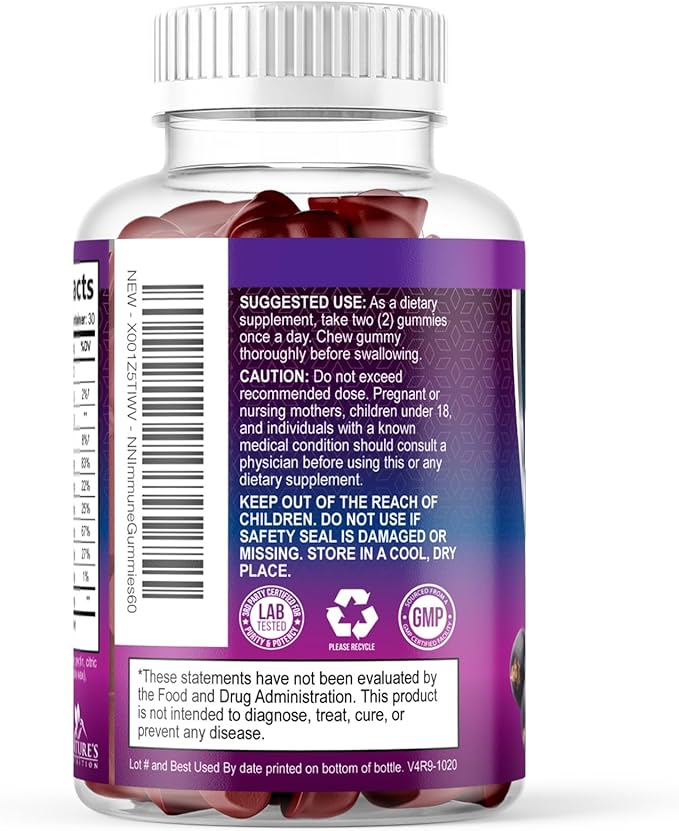 Elderberry Immune Support Gummies - 3X Strength Sambucus Elderberry Gummy with Vitamin C, D3 & Zinc - Nature’s Black Elderberry Extract - Immune Support Supplement for Adults & Kids - 60 Gummies