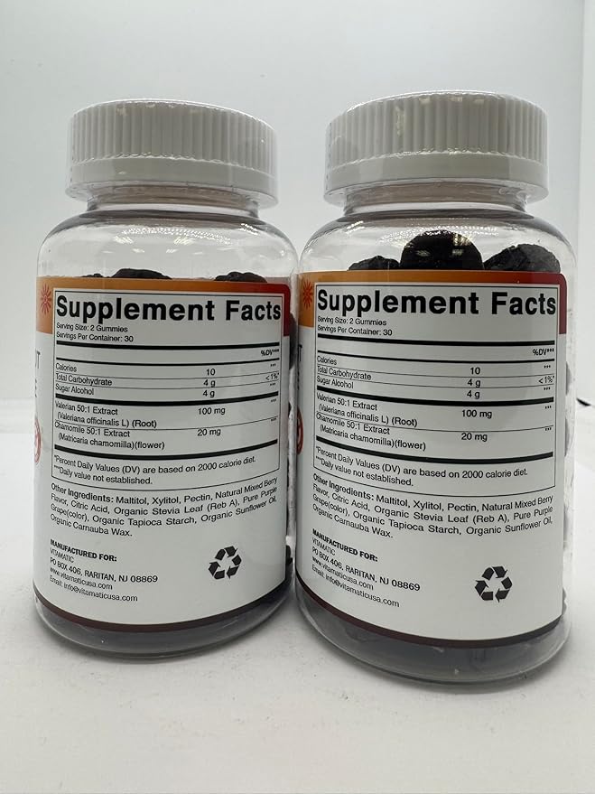 Vitamatic Valerian Root & Chamomile Gummies – Plant-Based Botanical Extract – Mixed Berry Flavor – Vegan, Non-GMO, Gluten-Free – Herbal Supplement – 60 Count (120 Count)
