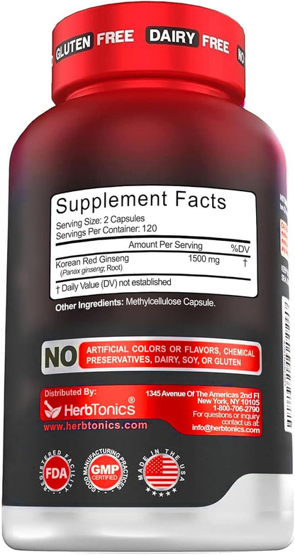 Herbtonics Korean Red Panax Ginseng 1500mg - Energy Supplement for Peak Performance, Focus & Vitality - High Potency Ginseng Root Extract - 240 Vegan Capsules