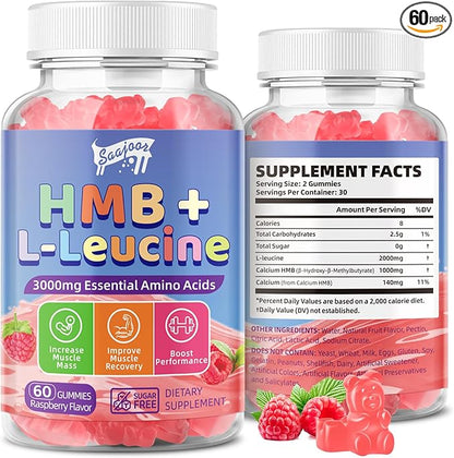 HMB and L-Leucine 3000mg with Calcium Gummies - Muscle Support & Recovery for Adults & Elderly, Vegan, Non-GMO, Gluten Free, 60 Gummies