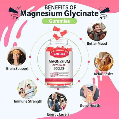 Magnesium Glycinate Gummies, High Absorption Magnesium Glycinate Supplements for Relaxation, Magnesium Chews for Adults and Kids, Raspberry Flavor 60 Count
