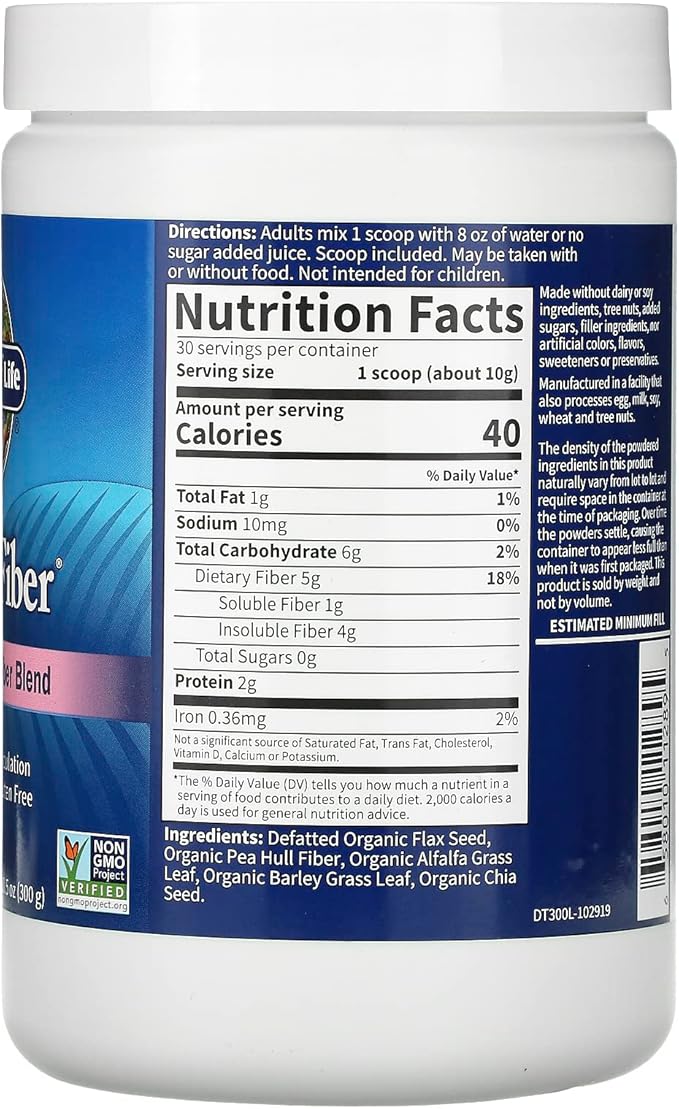 Garden of Life Organic Unflavored Fiber Powder Detox Blend with Chia, Alfalfa & Barley for Herbal Cleanse, Gut Health Support - Detoxifiber - Non-GMO, Gluten-Free, Psyllium Free, Vegan, 30 servings