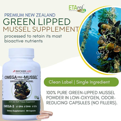 Bricker Labs Omega Cyclo - Mussel Joint Health Supplement, Premium New Zealand Green Lipped Mussel, Full Spectrum Omega Joint Supplements for Joint Health and Comfort, 90 Capsules