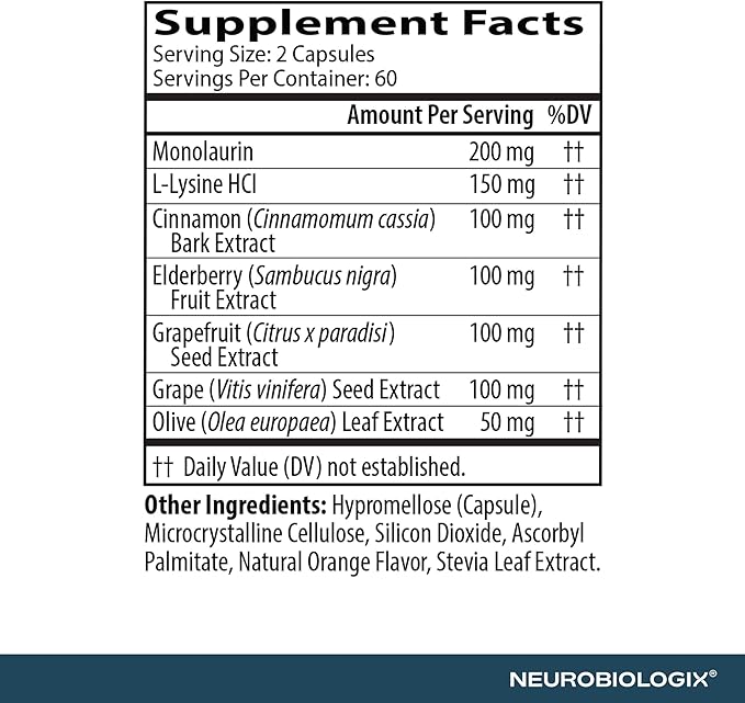 Neurobiologix Neuro-Immune Infection Control, Monolaurin & L Lysine with Elderberry, Olive Leaf, Cinnamon Bark & Grape Seed, Daily Immune Support for Men, Women & Kids, Gluten Free, 120 Capsules