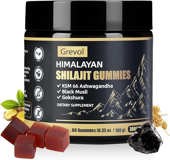 Grevol Himalayan Shilajit Gummies with Ashwagandha - Fulvic Acid & 85+ Trace Minerals - No Added Sugar - Shilajit for Men & Women - 60 Gummy