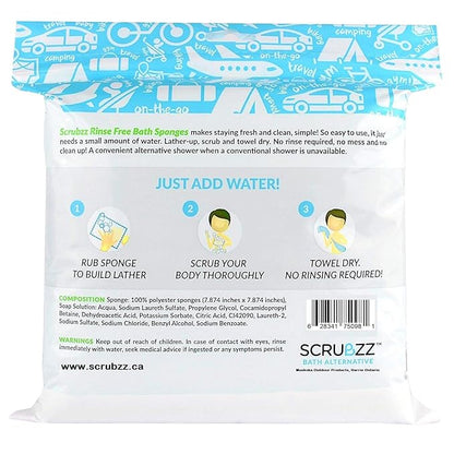 Scrubzz Disposable No Rinse Bathing Wipes - All-in-1 Single Use Shower Wipes, Simply Dampen, Lather, and Dry Without Shampoo or Rinsing (Unscented, 2-Pack)