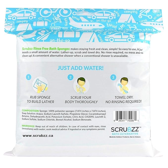 Scrubzz Disposable No Rinse Bathing Wipes - All-in-1 Single Use Shower Wipes, Simply Dampen, Lather, and Dry Without Shampoo or Rinsing (Unscented, 3-Pack)
